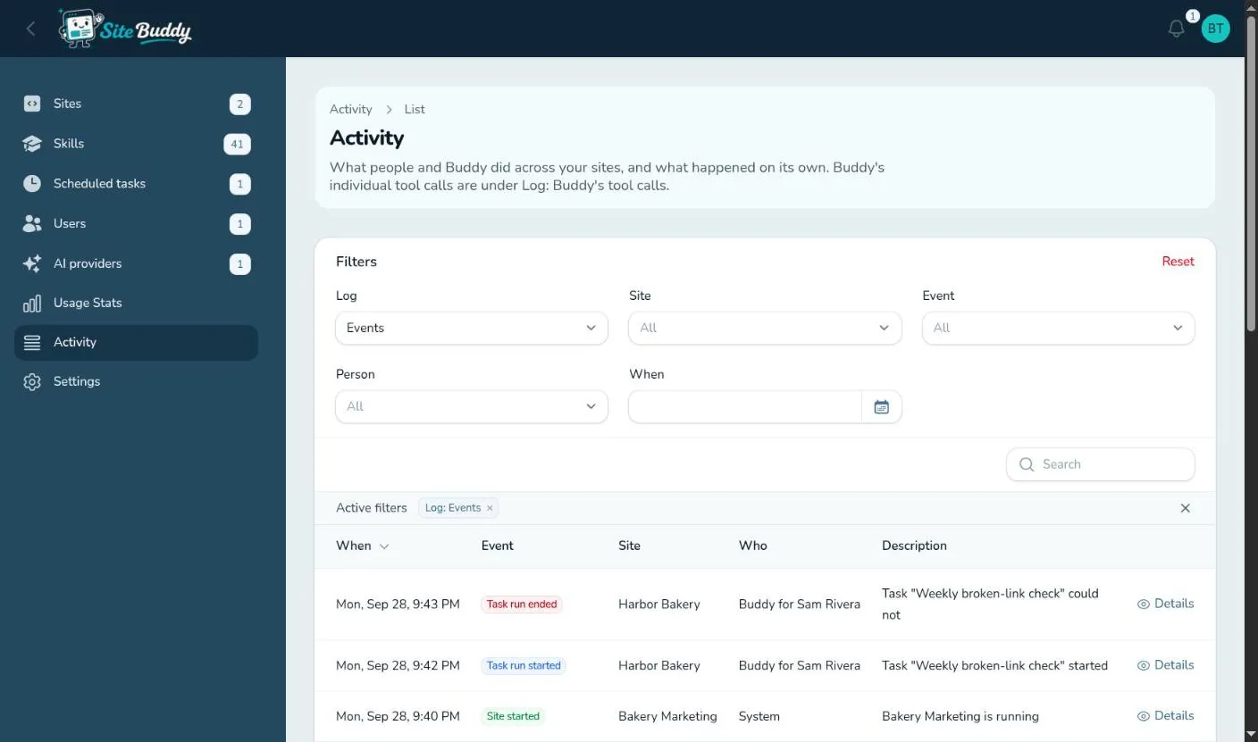The Activity log with its filters and recent events
