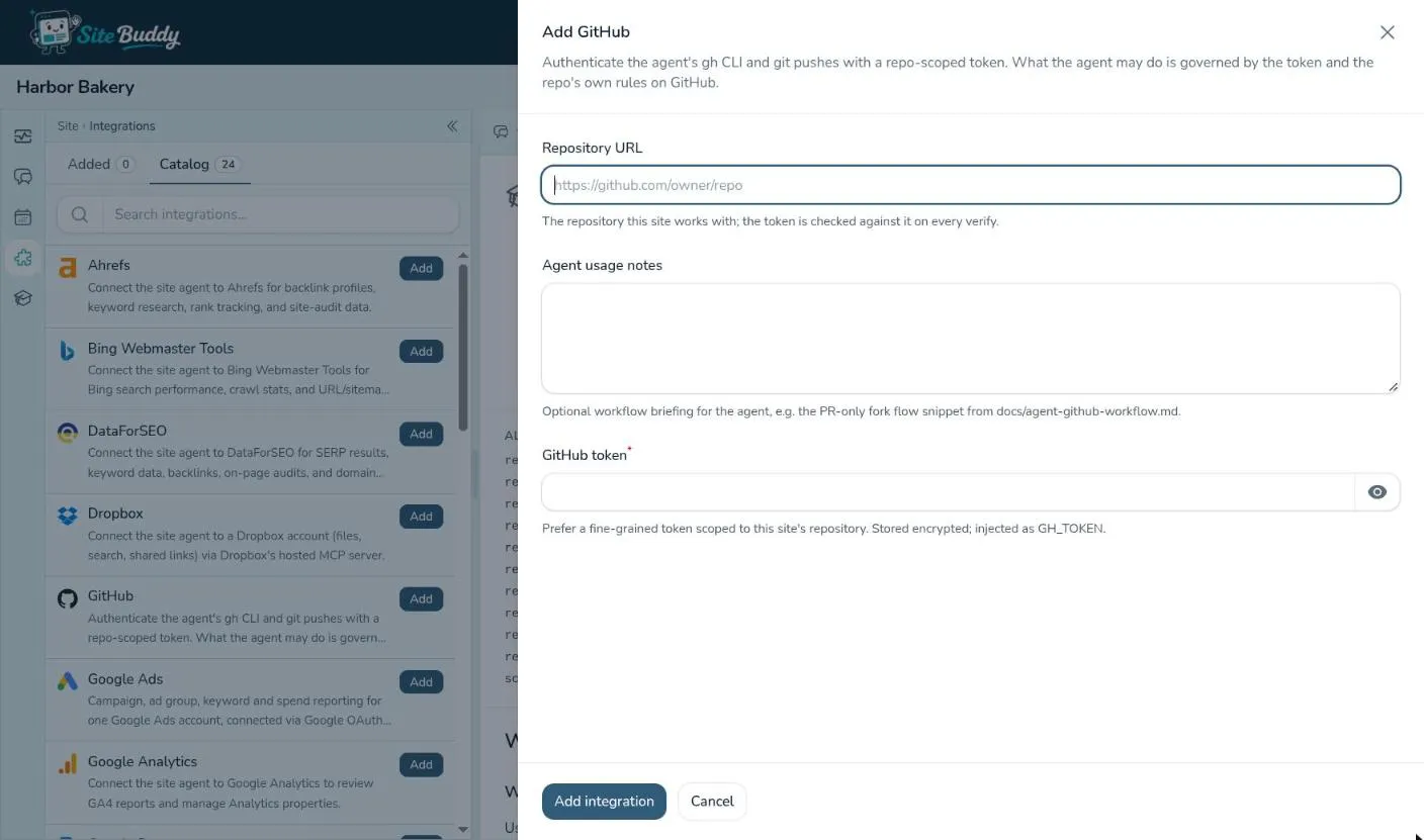 The Add GitHub form: repository URL, agent usage notes and GitHub token