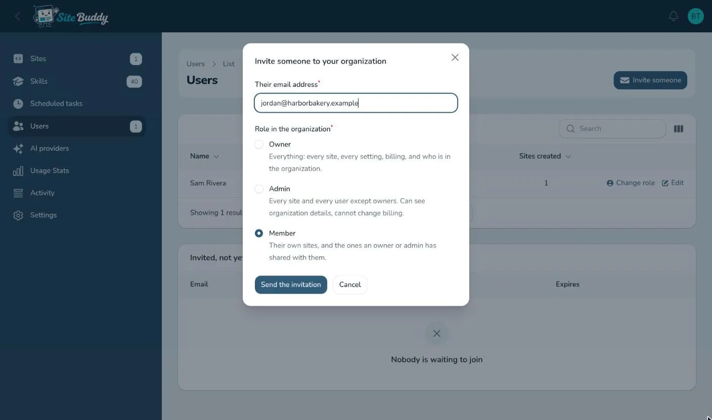 The Invite someone window with an email address and the three roles