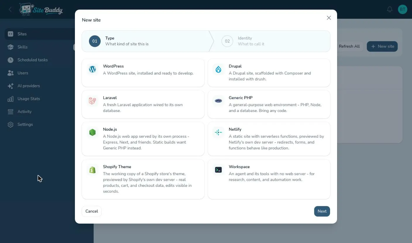 The New site wizard on its Type step, showing the eight kinds of site