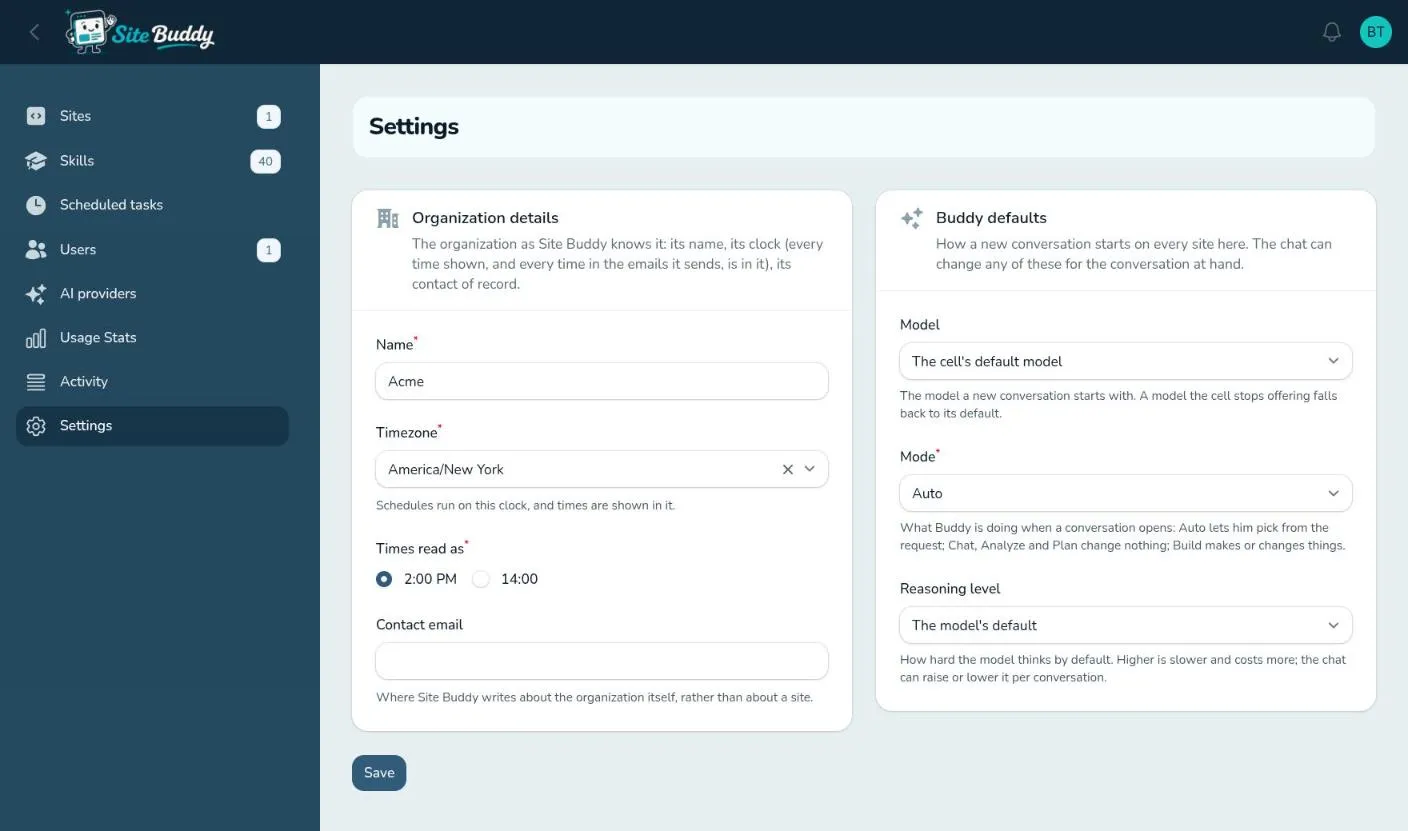 The Settings page: Organization details and Buddy defaults