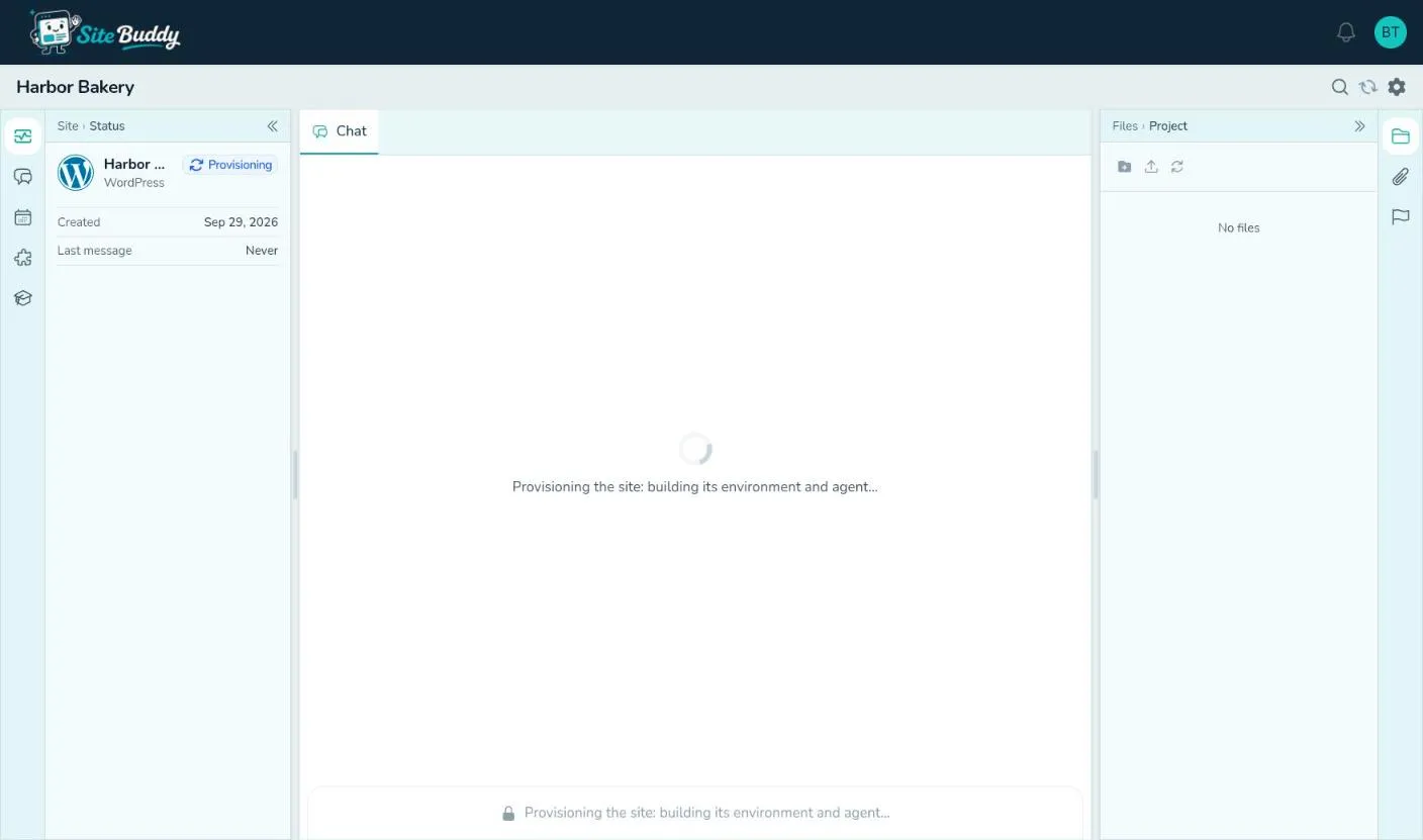 A new site provisioning: the Provisioning badge and the chat waiting with a spinner
