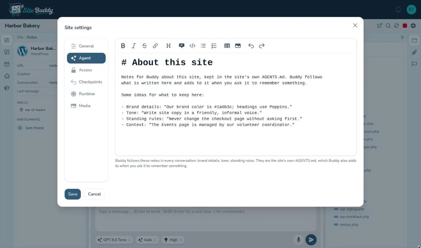 The Agent tab: the site’s instructions, starting from the template
