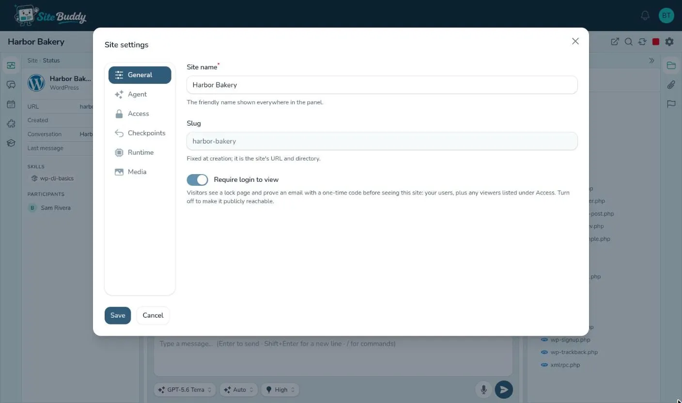 Site settings open on the General tab, with Require login to view switched on