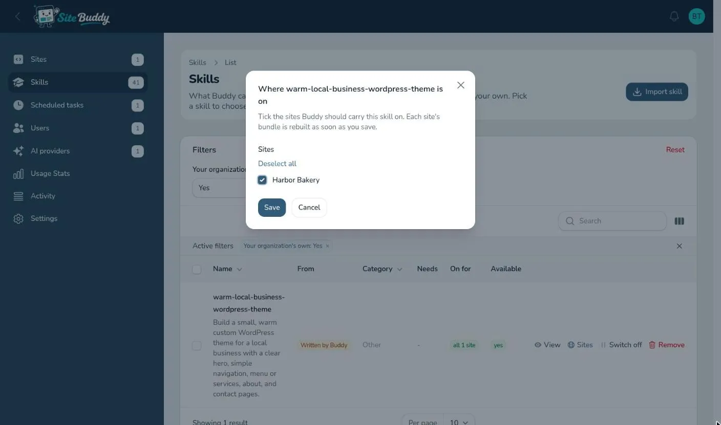 The Skills page with the Sites checklist open for one of the organization’s own skills